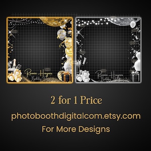 May include: Two digital photo booth frames with a black grid background, one in gold and the other in silver. Both frames have balloons, disco balls, and gift boxes. The text "Rennie Haynes Birthday" is written in cursive. The text "2 for 1 Price photoboothdigitalcom.etsy.com For More Designs" is also included.