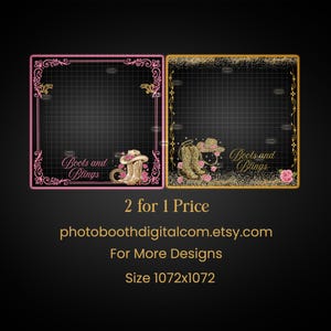 May include: Two digital photo booth templates with a black grid background, ornate gold and pink frames, and the text "Boots and Blings." The designs feature cowboy boots, hats, and roses. The image also includes the text "2 for 1 Price" and the Etsy shop URL.