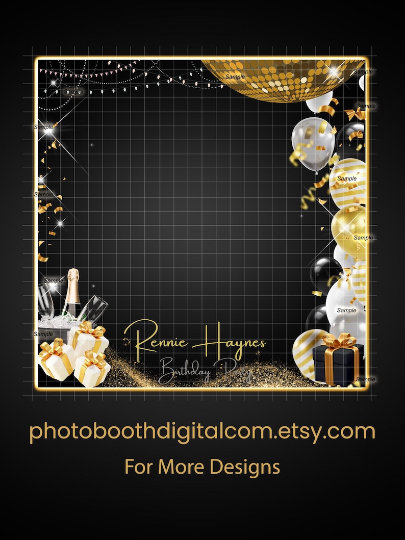 May include: A digital photo booth frame with a black grid background, gold accents, and birthday party decorations. The frame includes balloons, confetti, gift boxes, and the text "Rennie Haynes Birthday Party". The Etsy shop URL is also displayed.