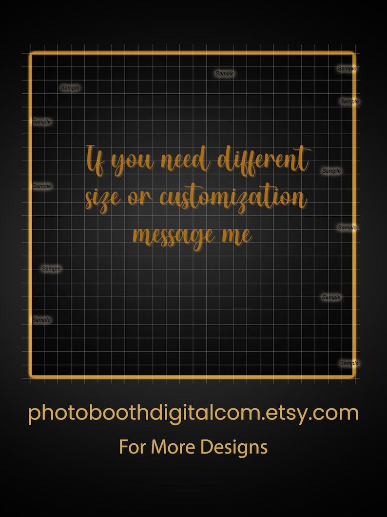May include: Black background with a gold grid and a gold border. The text reads: "If you need different size or customization message me." Below is the Etsy shop URL and the phrase "For More Designs."