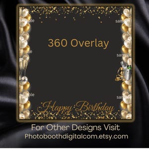Może przedstawiać: Cyfrowy projekt nakładki 360 z czarnym tłem, złotym konfetti oraz złotymi i białymi balonami. Tekst "360 Overlay" i "Happy Birthday" jest w złotym skrypcie. Nazwa sklepu Etsy znajduje się na dole.