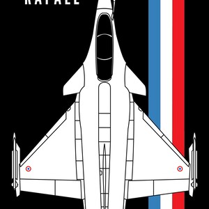 Pode incluir: Ilustração branca de um caça Rafale sobre fundo preto, com o texto "RAFALE" no topo. O design inclui uma faixa tricolor vertical azul, branca e vermelha. O texto "MANUFACTURED BY DASSAULT AVIATION" está na parte inferior.