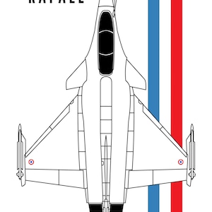 Pode incluir: Ilustração de um caça Rafale visto de cima, com linhas pretas sobre fundo branco. A palavra "RAFALE" está acima do avião. Listras verticais azuis, brancas e vermelhas à direita. O texto "MANUFACTURED BY DASSAULT AVIATION" está abaixo.