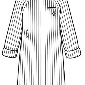 May include: Line drawing of a long-sleeved dress with a turtleneck collar. The dress features vertical stripes, ribbed cuffs, and a small pocket with a floral embellishment. Three small buttons are on the front.