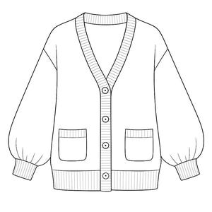 Peut inclure: Un dessin au trait d'un cardigan avec un col en V, des manches longues et bouffantes et deux poches avant. Le pull a un ourlet et des poignets côtelés et des boutons sur le devant.