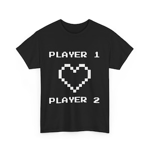 Gamer-T-shirt voor speler 1 speler 2: retro paar shirt met pixelhart