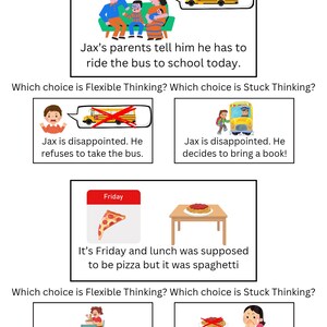 May include: A children's educational graphic with text and illustrations. The top section shows a family and a school bus. Below are scenarios with choices labeled "Flexible Thinking" and "Stuck Thinking" about riding the bus and eating spaghetti.