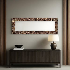 Sunburst gold pattern tempered glass wall mirror, Luxury gold frame rectangular mirror, Statement wall hanging, Rectangular mirror,