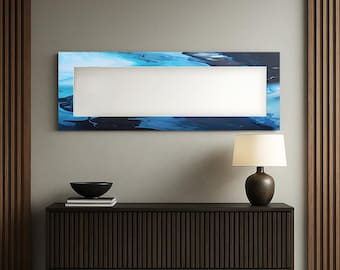 Blue Abstract Tempered Glass Wall Mirror, Modern Home Decor