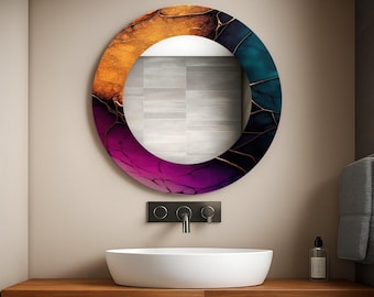 Colorful Tempered Glass Round Wall Mirror, Modern Home Decor
