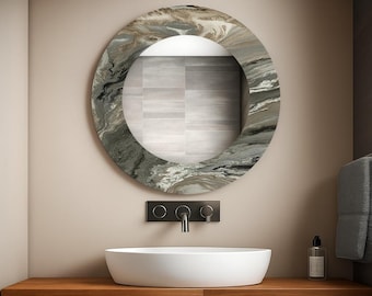 Marble Patterned Round Wall Mirror, Tempered Glass