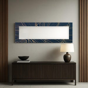 Blue wall mirror with gold details, Modern home interior accent, Minimalist blue and gold mirror, Tempered glass wall mirror