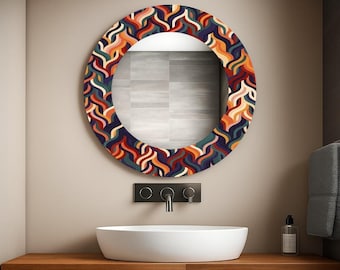 Decorative Round Wall Mirror, Tempered Glass, Rainbow Marble Effect