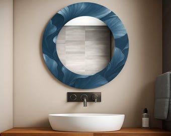 Blue Swirl Tempered Glass Round Wall Mirror, Modern Decor