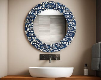 Blue Floral Round Wall Mirror, Tempered Glass, Home Decor