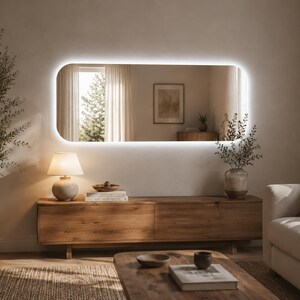 LED Bathroom Mirror, Horizontal Backlit Wall Mirror, Modern Vanity Mirror, Dimmable Lighted Mirror, Minimal Decor