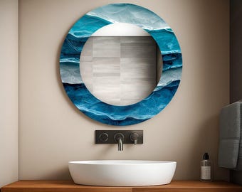 Blue Patterned Round Wall Mirror, Tempered Glass, Home Decor