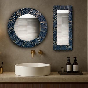 Blue detailed mirror, 2 piece mirror, Bathroom mirror set , Tempered glass wall mirror, Wall mirror, Wall art deco, Gold mirror,