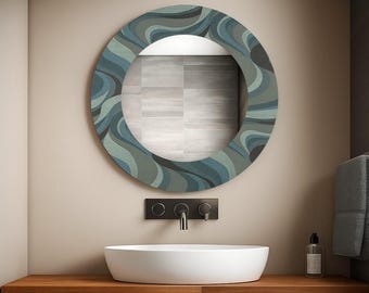 Abstracte ronde wandspiegel van gehard glas, modern interieur