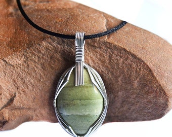 Serpentine & Sterling Silver Wire Wrapped Pendant Necklace