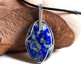 Lapis Lazuli & Sterling Silver Wire Wrapped Pendant Necklace
