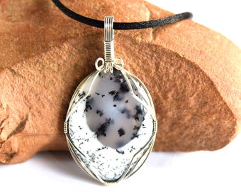 Dendritic Opal & Sterling Silver Wire Wrapped Pendant Necklace