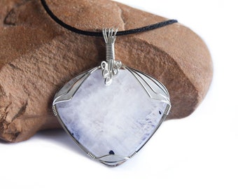 Moonstone & Sterling Silver Wire Wrapped Pendant Necklace