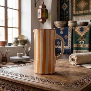 Könnte beinhalten: Hoher Keramikkrug mit vertikalen orangefarbenen und weißen Streifen. Der Krug hat einen gebogenen Griff und einen Ausguss. Er steht auf einem Holztisch mit geschnitzten Details. Weitere Keramik- und Dekorationsartikel im Hintergrund.