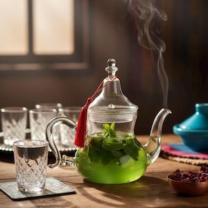 May include: A clear glass teapot filled with green liquid and mint leaves, with a red tassel on the lid. Steam rises from the spout. A glass of water and small glasses are on a wooden table.