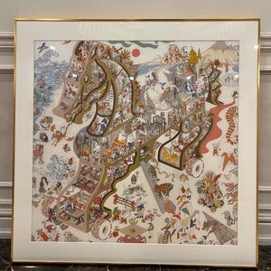 May include: A framed square print featuring a detailed illustration of a large, hollow wooden horse structure filled with numerous small figures and scenes, set against a white background with various colorful motifs including a wave and a mountain.