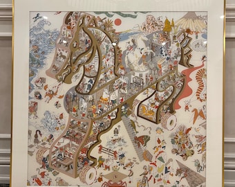 Bufanda 90 / Marco para bufanda dorada / Marco para bufanda / Marco para bufanda / Bufanda vintage / Marco para bufanda de seda / Arte de pared enmarcado