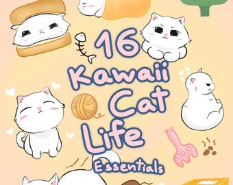 Kawaii Cat Clipart Set | 16 Pastel Kitty PNG Illustrations (Digital Download)