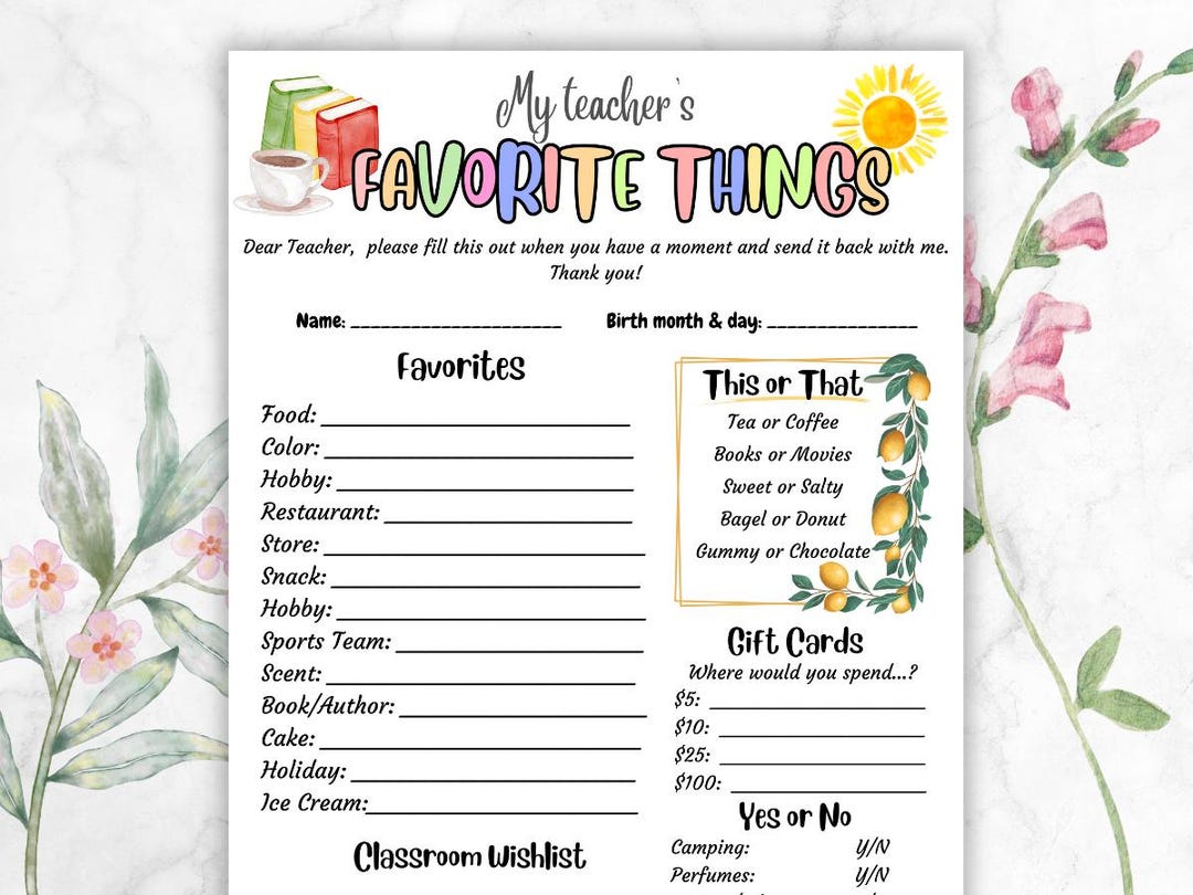 Teacher Favorite Things Survey: Printable Questionnaire (PDF Download ...