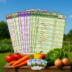 May include: A selection of UK Vegetable Planner charts, featuring vegetable illustrations and planting guides. Fresh produce, such as tomatoes, carrots, and onions, is displayed on a wooden crate in a garden. PDF guides are included.