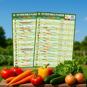 May include: Two green UK Vegetable Planner charts with a grid layout, featuring vegetable illustrations and planting information. Fresh produce, including tomatoes, carrots, and onions, are arranged in front of the charts, set against a garden backdrop.