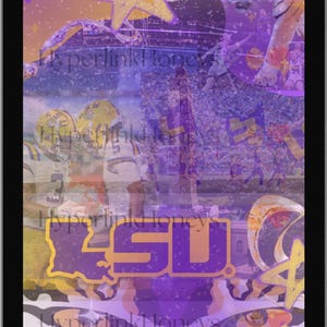 LSU Collage Poster | Wallpaper| Faded Purple & Yellow Wall Art | Mascot + Stadium + Sports Design | Digital Download | Dorm, Game Day, Gifts