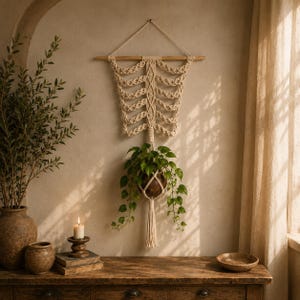 Skeleton Macrame Plant Hanger, Gothic Boho Cotton Wall Decor