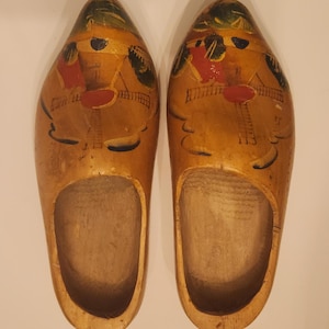 Vintage Hand-Painted Dutch Wooden Clogs: Windmill Scene Folk Art Decor