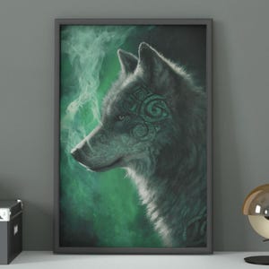 May include: Framed art print featuring a detailed illustration of a wolf's profile. The artwork showcases the wolf in shades of gray and green, with a tribal design on its head. The background has a smoky, green effect.