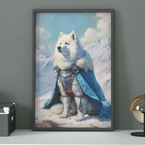 以下が含まれることがあります： 雪山を背景に、鎧と青いマントをまとった雄大な白い犬が描かれた額装されたアートワーク。 犬は焦点であり、毛皮と鎧が詳細に描かれています。 アートワークは白いキャビネットに展示されています。