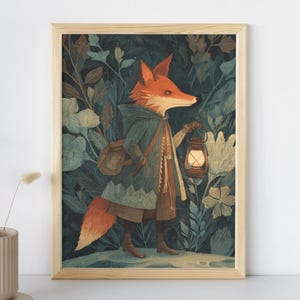 May include: A framed art print featuring a whimsical fox character in a forest setting. The fox, with orange fur, wears a coat and carries a lantern and satchel. The artwork has a vintage, storybook style with a muted color palette.
