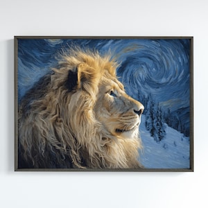 May include: Framed art print featuring a majestic lion with a golden mane, set against a swirling blue night sky and snowy landscape. The artwork is reminiscent of a famous painting style, with visible brushstrokes and a dark wooden frame.