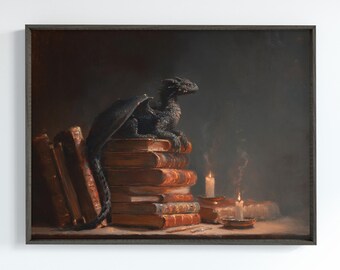 Dark Academia Dragon Art, Library Mythic Dragon Print, Vintage Fantasy Book Lover Gift, Moody Gothic Wall Decor, Black Dragon Oil Painting