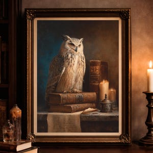 May include: A framed painting of a Eurasian eagle-owl perched atop stacked books. The owl has brown and white feathers, with a detailed depiction of its face. The painting is set in a dimly lit room with candles and antique books.