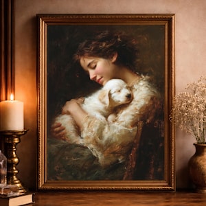 Woman Holding Sleeping Puppy Oil Painting, Maternal Love Pet Art, Dog Mom Mother's Day Gift, Emotional Realism Wall Decor, Digital Download