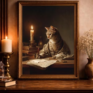May include: A framed painting depicts a tabby cat writing at a desk, illuminated by candlelight. The cat is dressed in a robe, with books and a vase visible. The painting is in a gold frame, set on a wooden table with a candle holder and a vase of flowers.