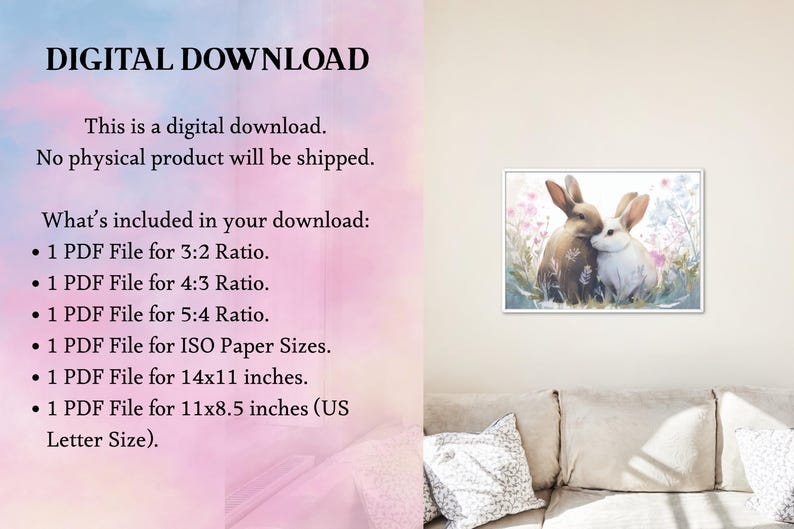 Two Rabbits in Spring Meadow Art, Pastel Bunny Watercolor Painting ...
