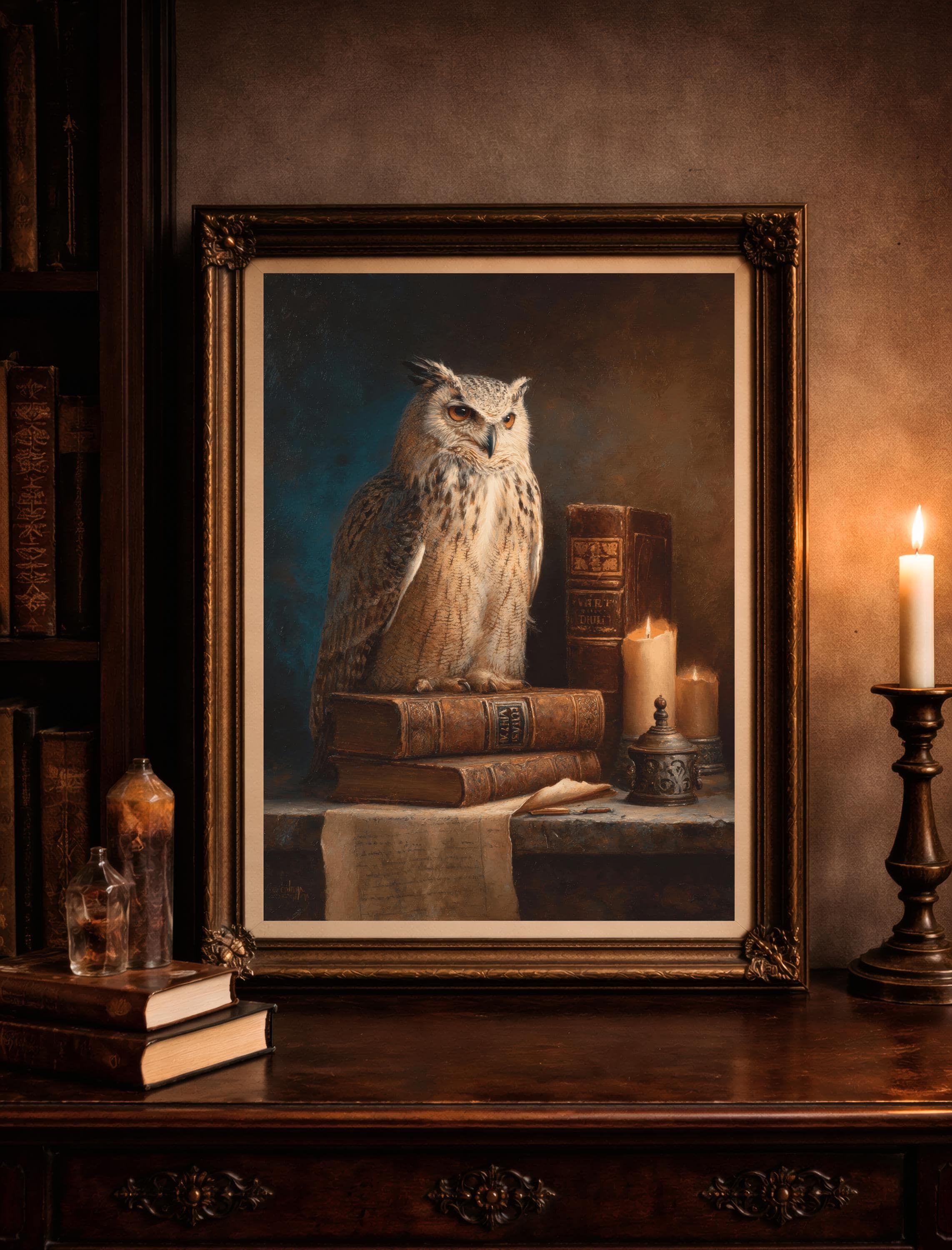 Wise Owl and Ancient Scrolls Oil Painting, Mystical Guardian of Knowledge Art, Gothic Library Schola