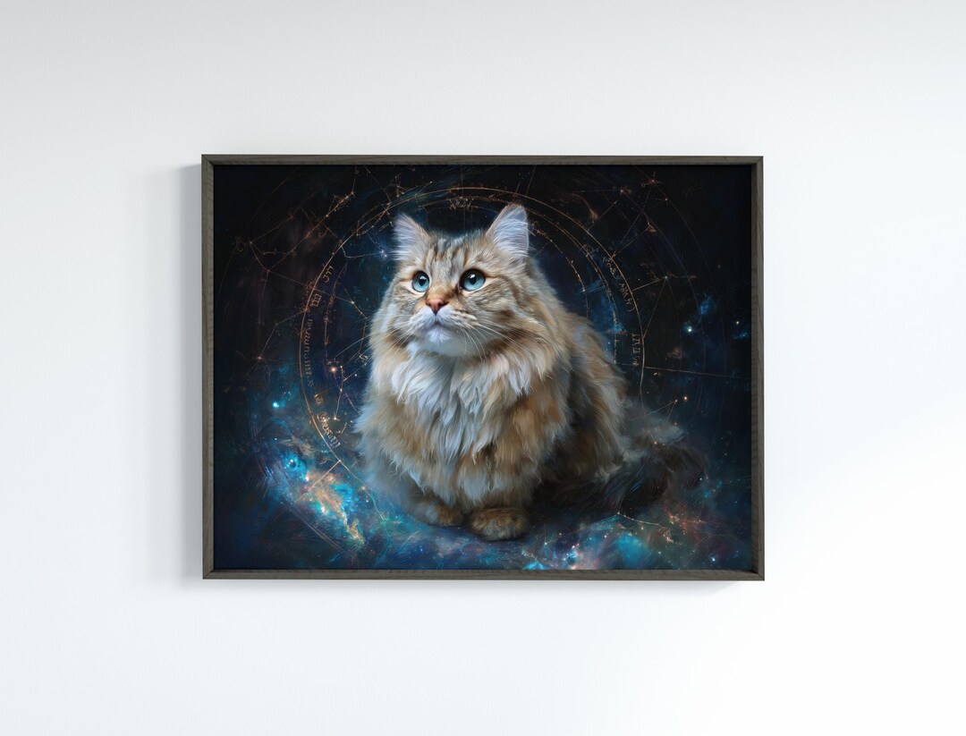 Siberian Cat Zodiac Art Print, Celestial Cat Wall Art, Gold and Blue ...