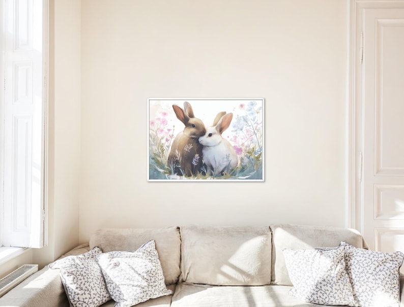Two Rabbits in Spring Meadow Art, Pastel Bunny Watercolor Painting ...